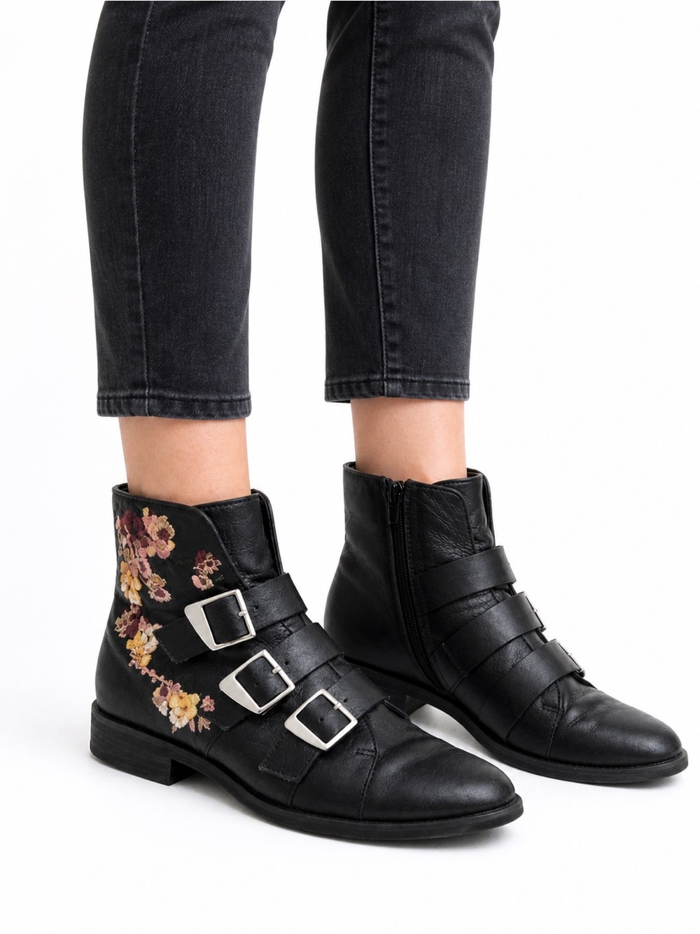 Size 7.5 (38) Zara Women’s Trafaluc Floral Embroidered Triple Buckle Ankle Boots